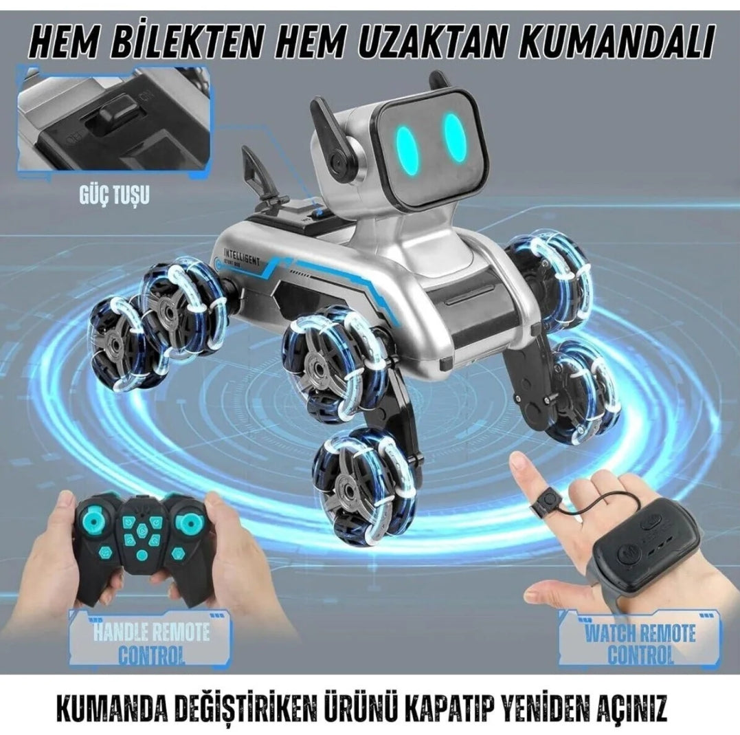 Uzaktan Bilekten Kumandalı Şarjlı 8 Teker Akrobat Robot Köpek - Müzikli ve LED Işıklı Akıllı Robot Araba SANTRAL HAN