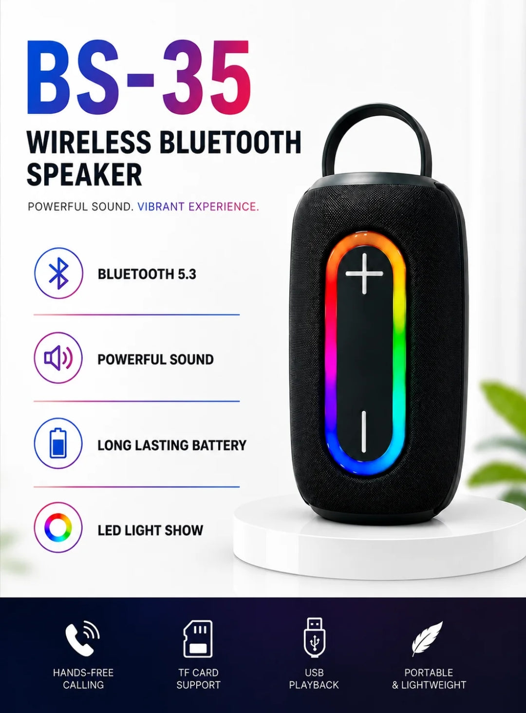 BS-35 Taşınabilir Kablosuz Bluetooth Hoparlör - RGB Işıklı, Mikrofonlu Soundbar Tarzı Speaker Harvox