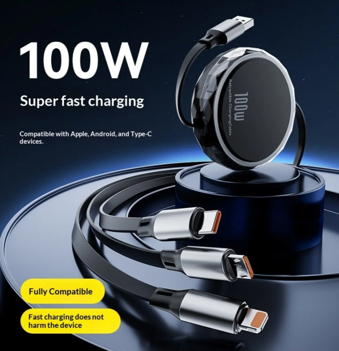 3in1 Makaralı Çoklu Şarj Kablosu 100W Hızlı Şarj - Type-C, Lightning, Micro USB Geri Çekilebilir Data Kablosu Tucci
