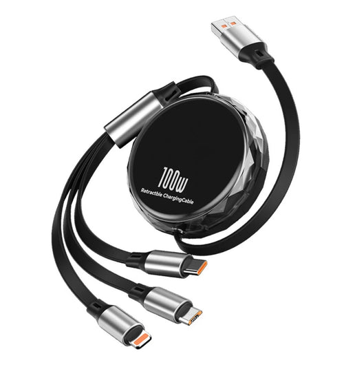 3in1 Makaralı Çoklu Şarj Kablosu 100W Hızlı Şarj - Type-C, Lightning, Micro USB Geri Çekilebilir Data Kablosu Tucci