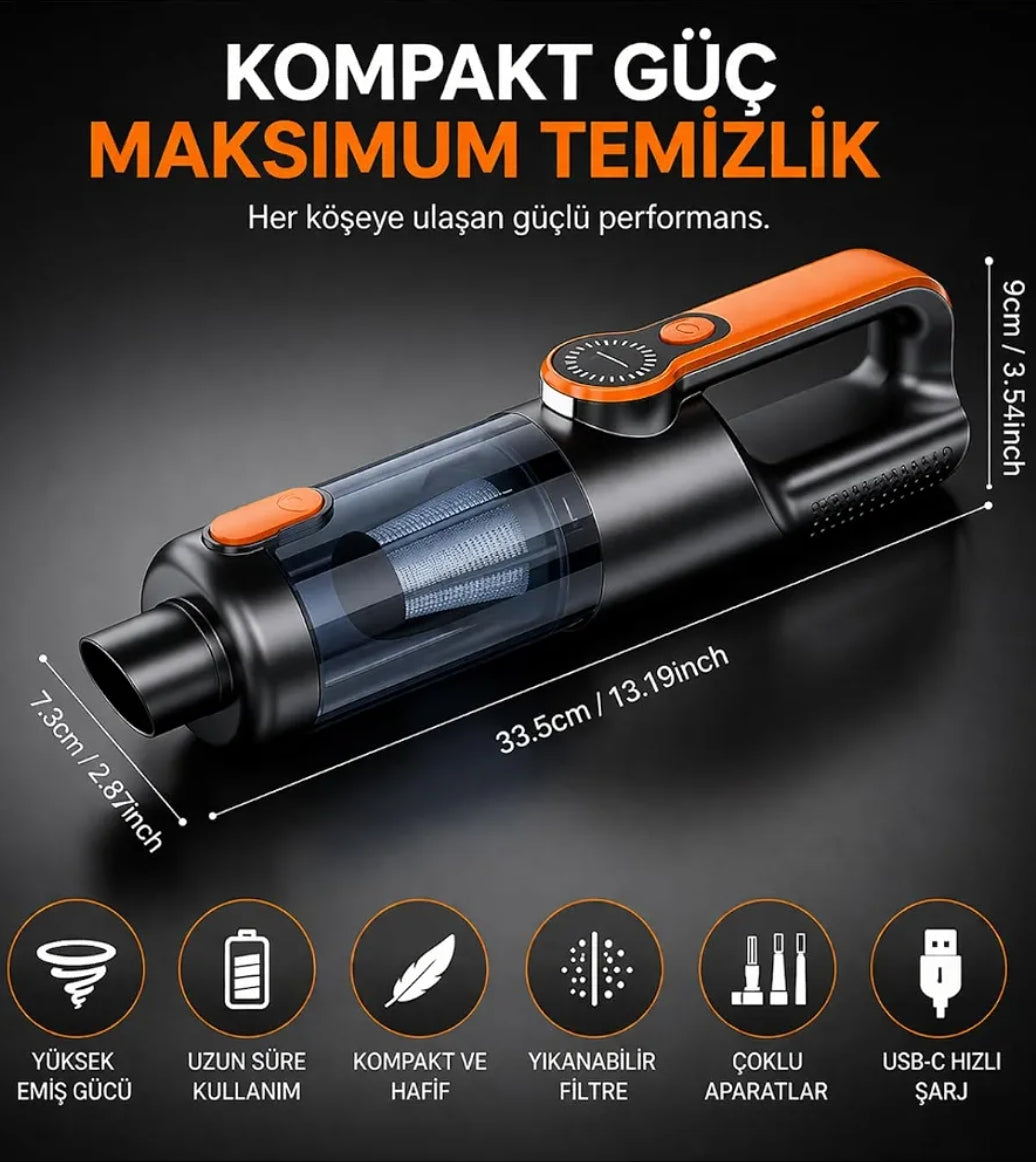 ST-126PlusMax 22.000PA Yüksek Emiş Güçlü Kablosuz Şarjlı Araç ve Ev Tipi Taşınabilir Vakumlu El Süpürgesi (Type-C Hızlı Şarj) LENSUN