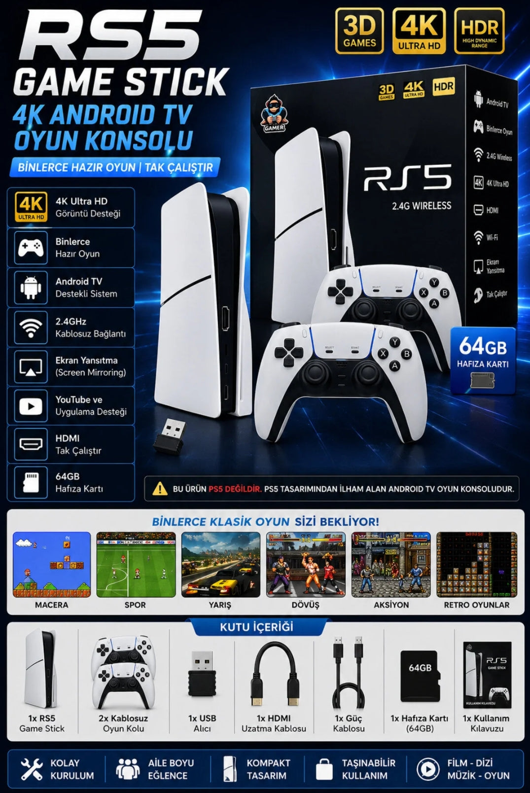 RS5 Pro 4K Ultra HD Retro Oyun Konsolu - 30.000+ Yüklü Oyun & Çift Kablosuz Kol Mobix