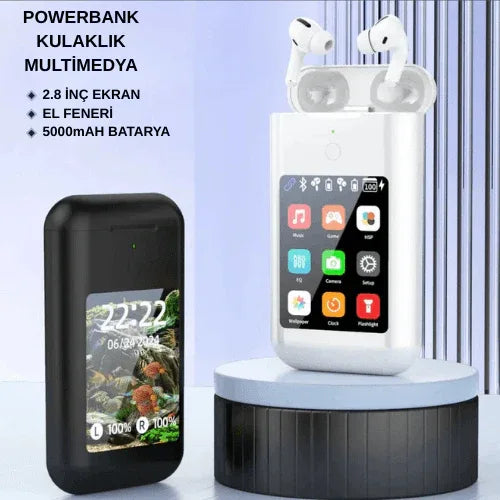 BUKU Carrying Treasure A98 - 3'ü 1 Arada Powerbank (8000mAh), TWS Bluetooth Kulaklık, AMOLED Dokunmatik Ekranlı Akıllı Cihaz - ANC Gürültü Engelleme, Telefon Şarj, Müzik ve Çağrı Kontrol - B2W - KolayMagza KM Technology