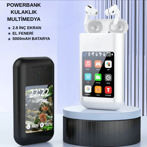 BUKU Carrying Treasure A98 - 3'ü 1 Arada Powerbank (8000mAh), TWS Bluetooth Kulaklık, AMOLED Dokunmatik Ekranlı Akıllı Cihaz - ANC Gürültü Engelleme, Telefon Şarj, Müzik ve Çağrı Kontrol - B2W - KolayMagza