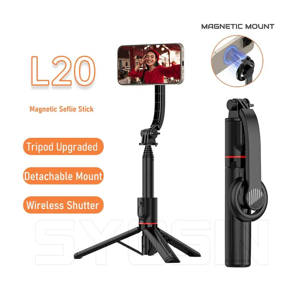 L20 1045mm uzayabilir katlanabilir selfie stick | tripod standlı, mıknatıslı, 360° döner başlıklı, bluetooth kontrollü
