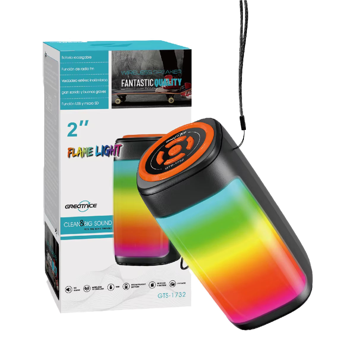 Gts-1742 flame light bluetooth speaker - 2" renkli led ışıklı kablosuz hoparlör, fantastic quality - H2X - KolayMagza KM Technology
