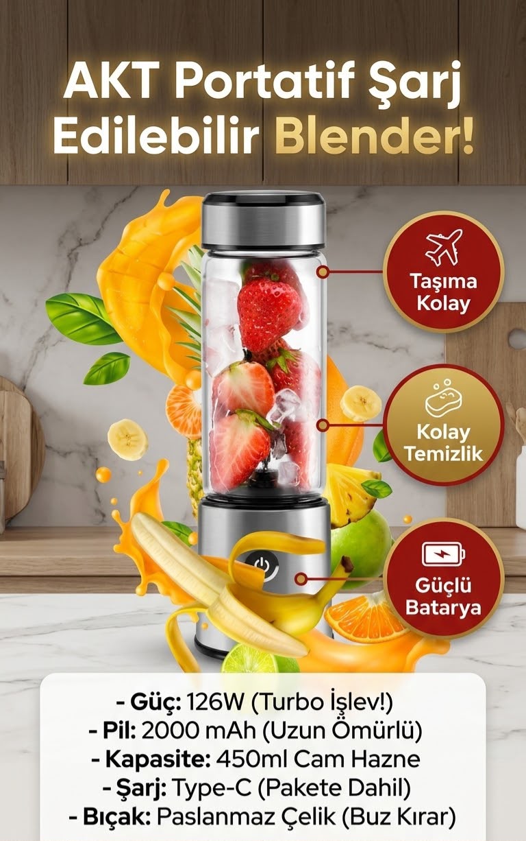 AKT Taşınabilir Şarj Edilebilir Mini Blender - BPA Free Smoothie ve Meyve Sıkacağı Mstore