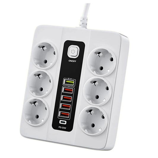 6 sockets 5 USB + 20W PD AC socket with fuse on off child lock durable 3000W - G6B