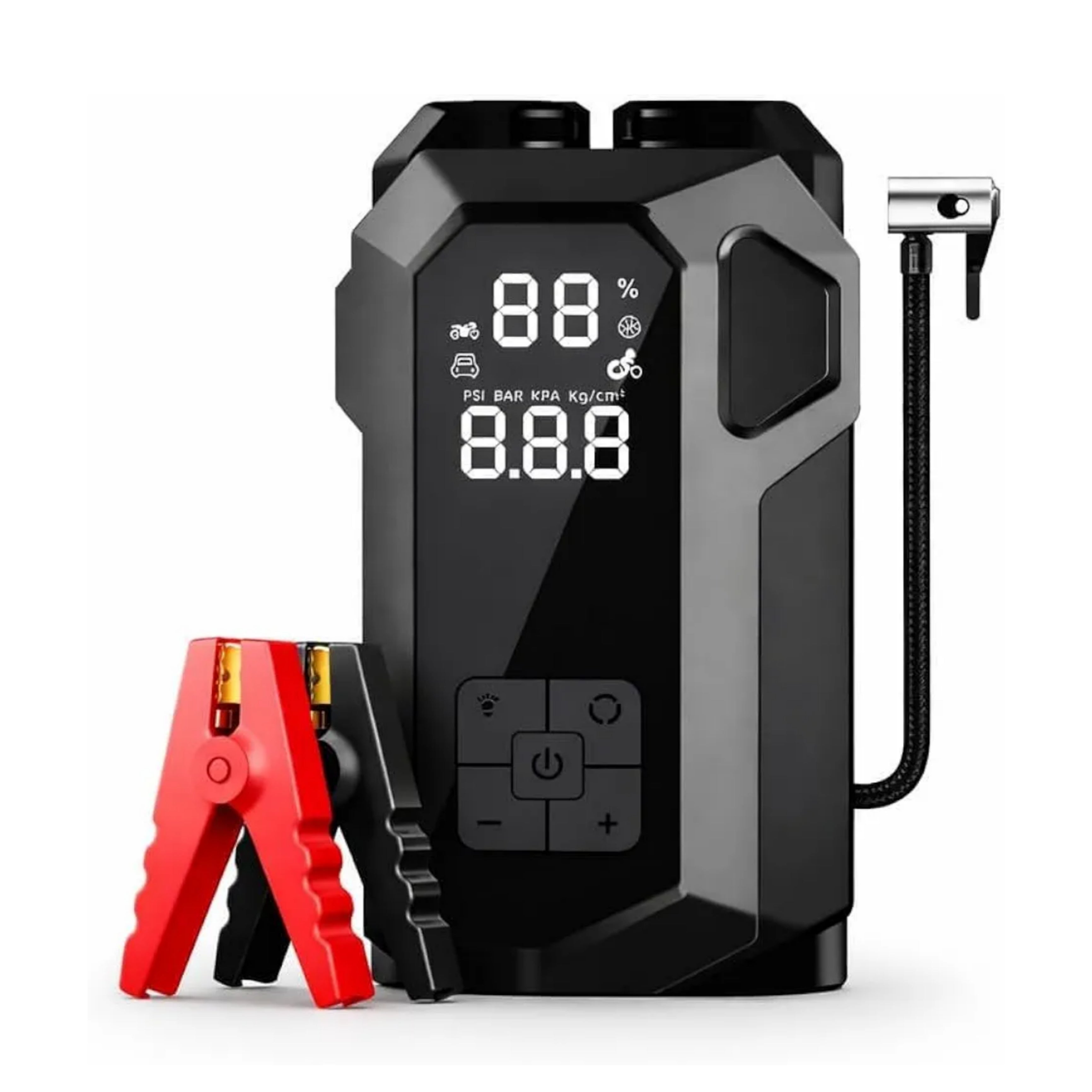 4'ü 1 Arada Taşınabilir Araç Akü Takviye Cihazı (Jump Starter) ve Dijital Hava Kompresörü - 12V Diesel Universal + el fenerli