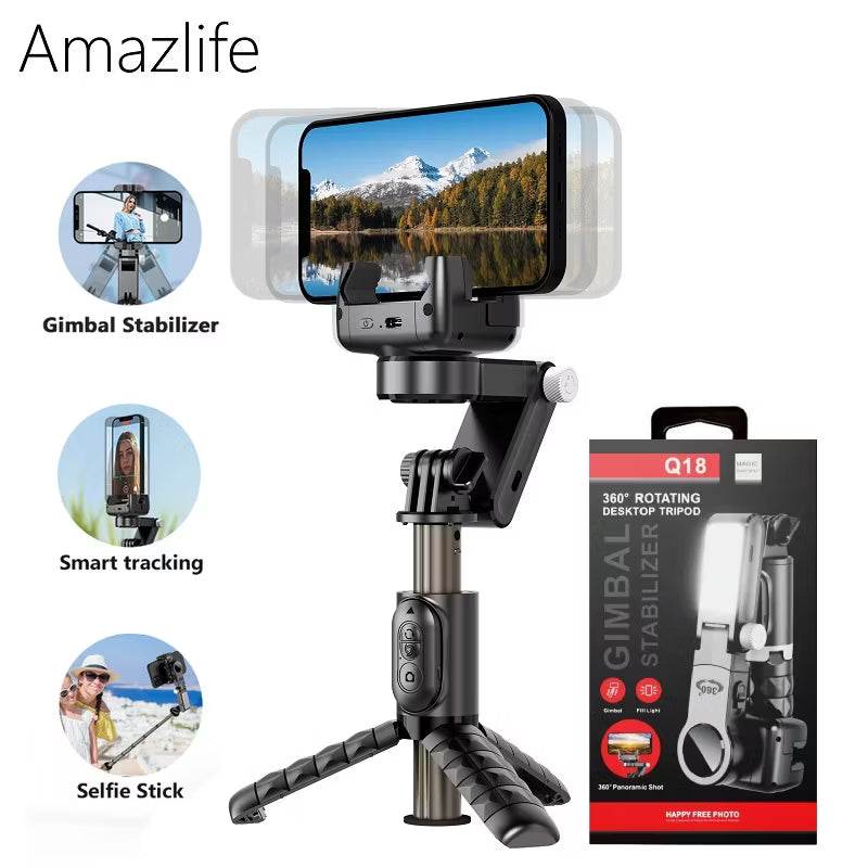 Q18 akıllı 360° döner gimbal tripod | ışıklı, kumandalı, katlanabilir, elde taşınabilir telefon sabitleyici stand - G4J - KolayMagza
