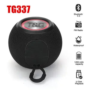 مكبر صوت محمول بتقنية البلوتوث TG-337 ثلاثي الأبعاد مقاوم للماء مزود بإضاءة LED RGB بقوة 1200 مللي أمبير في الساعة وقوة 5 وات وراديو FM وبطاقة SD ومنفذ USB ومدخل AUX