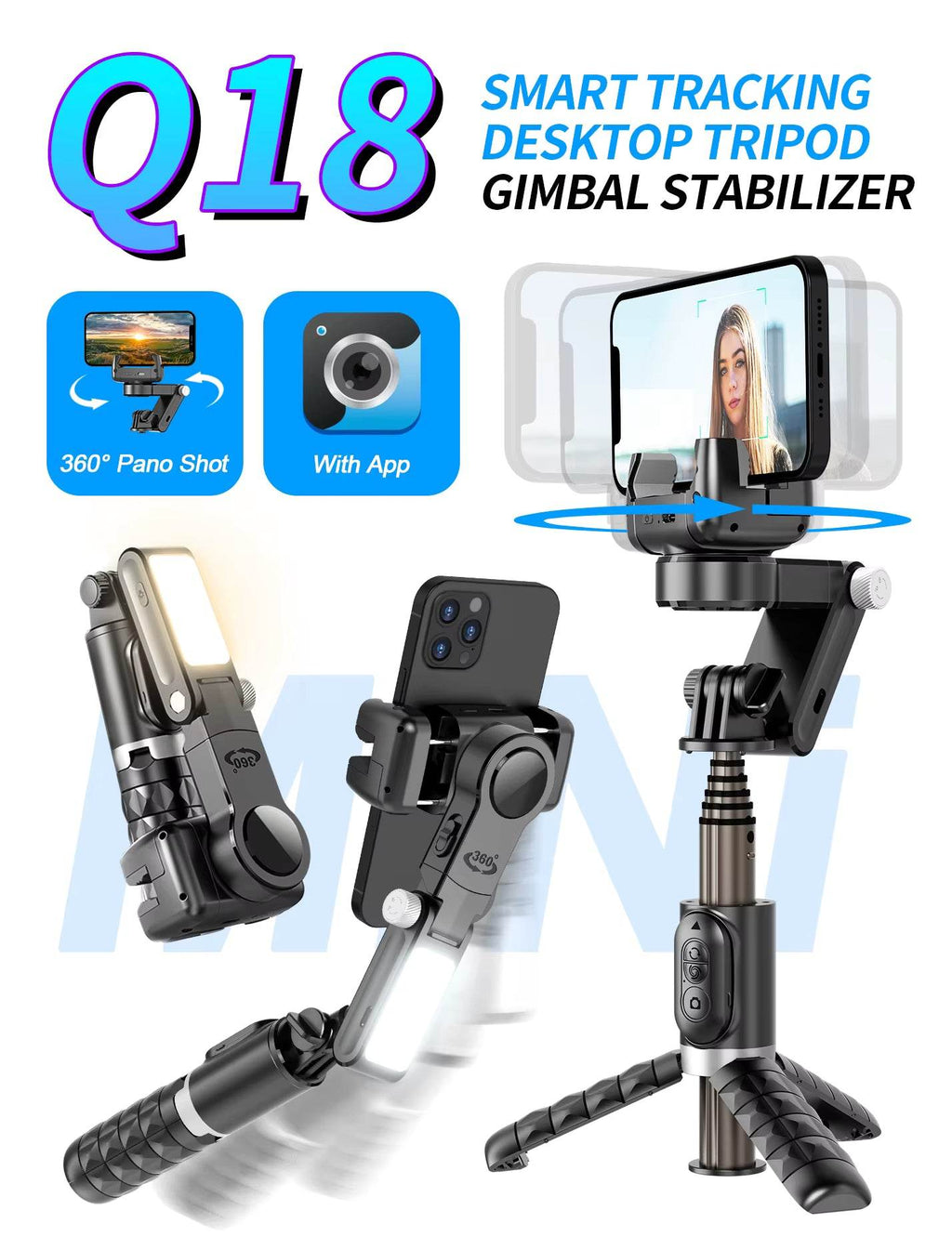 Q18 akıllı 360° döner gimbal tripod | ışıklı, kumandalı, katlanabilir, elde taşınabilir telefon sabitleyici stand - G4J - KolayMagza KM Technology