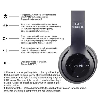 P47 hafıza kart aux destekli kafa üstü bluetooth kulaklık