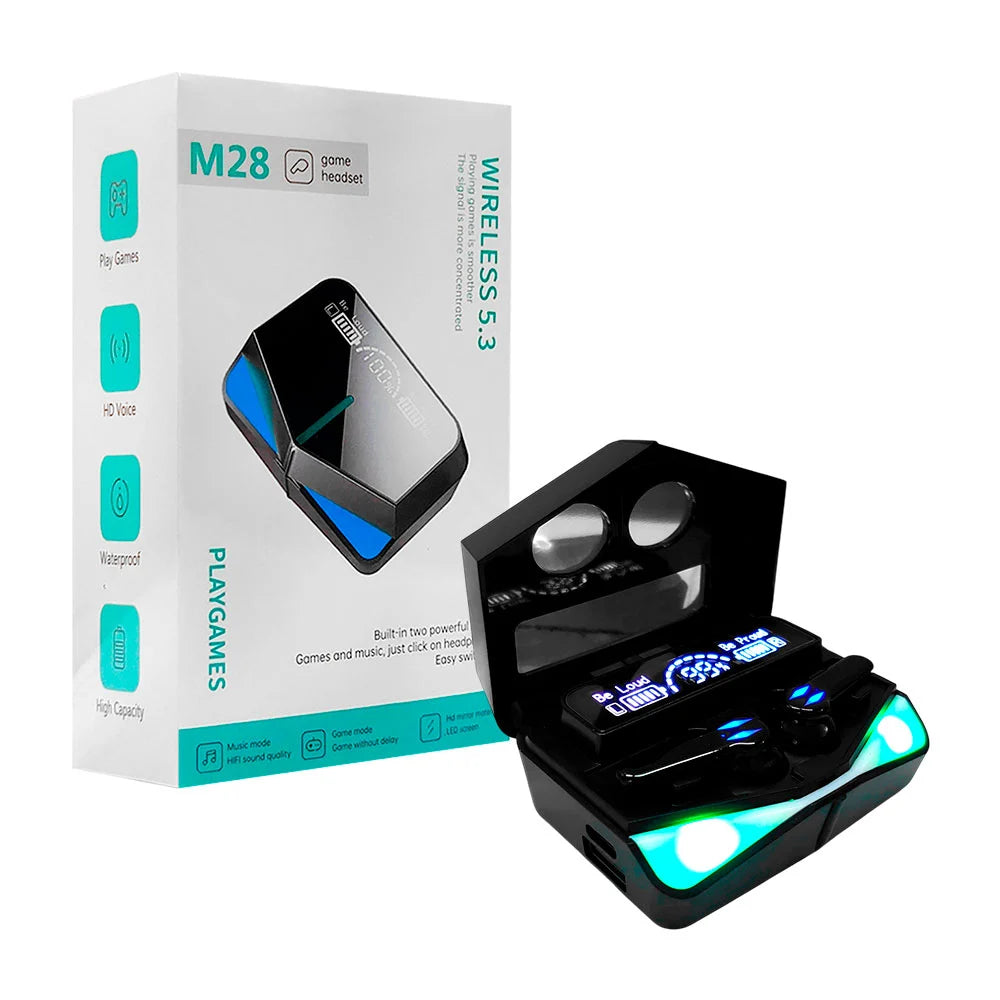 M28 TWS Kablosuz Bluetooth 5.3 Oyuncu Kulaklığı - Düşük Gecikmeli Game/Music Çift Modlu, RGB Işıklı Powerbank Özellikli Şarj Kutulu Led Göstergeli POLYGOLD