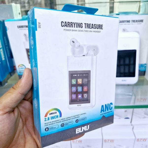 BUKU Carrying Treasure A98 - 3'ü 1 Arada Powerbank (8000mAh), TWS Bluetooth Kulaklık, AMOLED Dokunmatik Ekranlı Akıllı Cihaz - ANC Gürültü Engelleme, Telefon Şarj, Müzik ve Çağrı Kontrol - B2W - KolayMagza