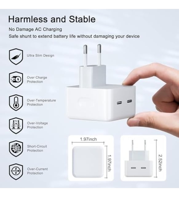 رأس محول شحن سريع بمدخل USB-C مزدوج بقوة 35 وات متوافق مع نظام التشغيل iOS وAndroid
