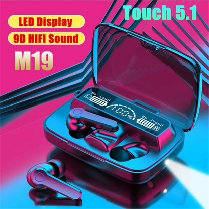 M19 mikrofonlu led göstergeli dokunmatik fenerli kulak içi powerbank özellikli bluetooth kulaklık