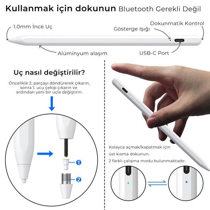 Universal dokunmatik stylus kalemi şarjlı ios android uyumlu - G2T - KolayMagza