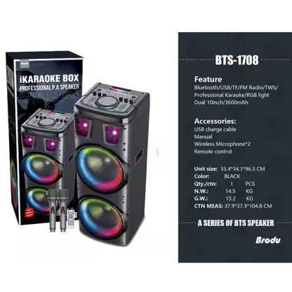 BTS-1708 Wireless Bluetooth Speaker | 200W Power, Dual Speakers &amp; Microphone, RGB Light, 3600mAh Battery, TWS Support, USB/TF/FM - H2U