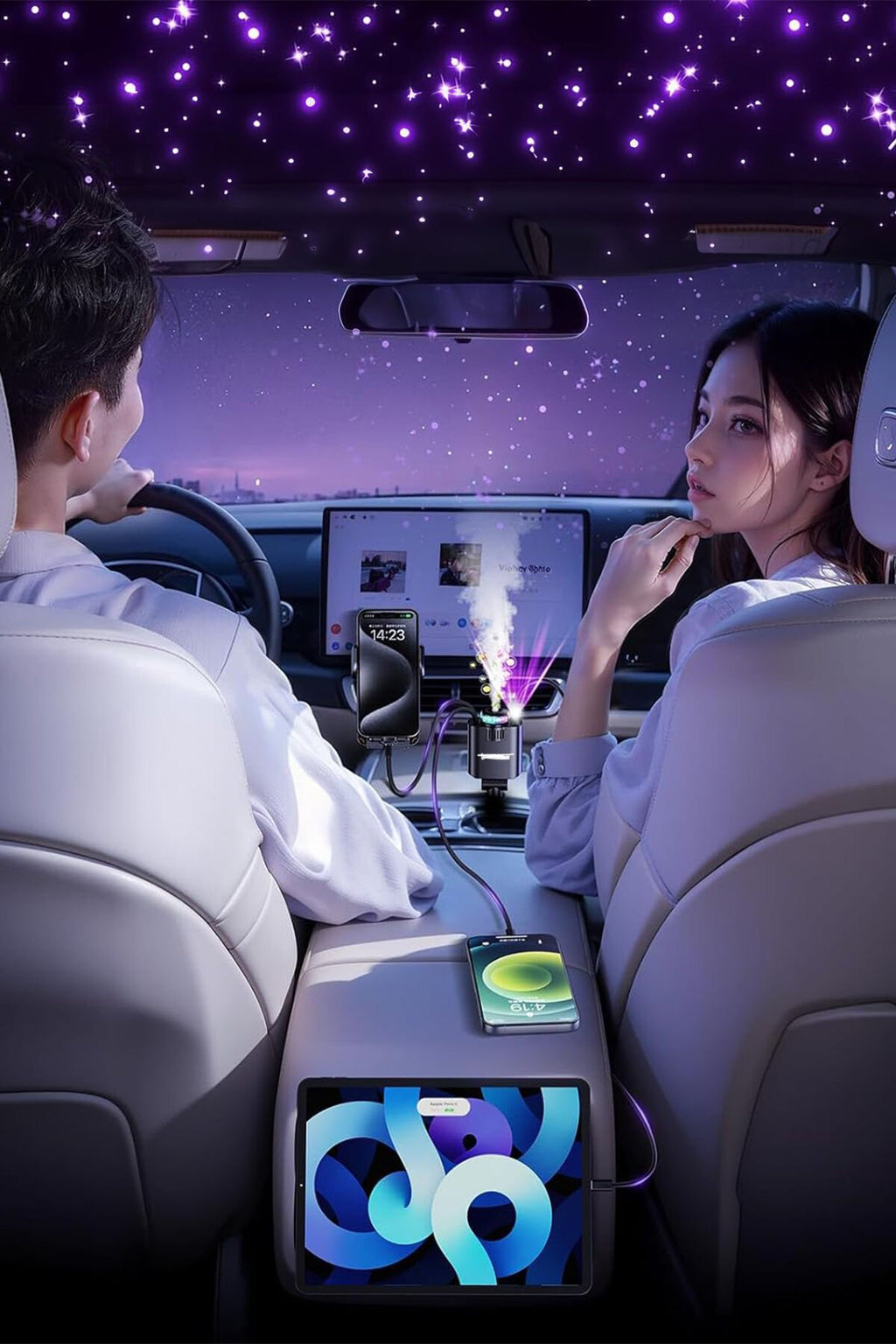 forefo Car C7 5in1 Çok Fonksiyonlu Akıllı Araç Şarj Cihazı - 45W PD 3.0 Fast Charge, Entegre Kablolu, Kokulu Difüzör, Atmosfer Işıklı, 180° Dönebilen Başlık