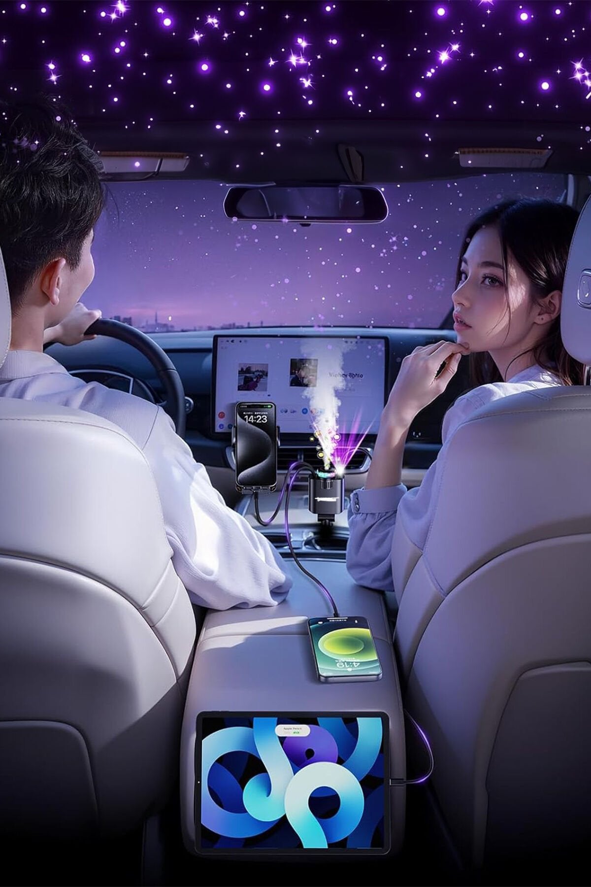forefo Car C7 5in1 Çok Fonksiyonlu Akıllı Araç Şarj Cihazı - 45W PD 3.0 Fast Charge, Entegre Kablolu, Kokulu Difüzör, Atmosfer Işıklı, 180° Dönebilen Başlık