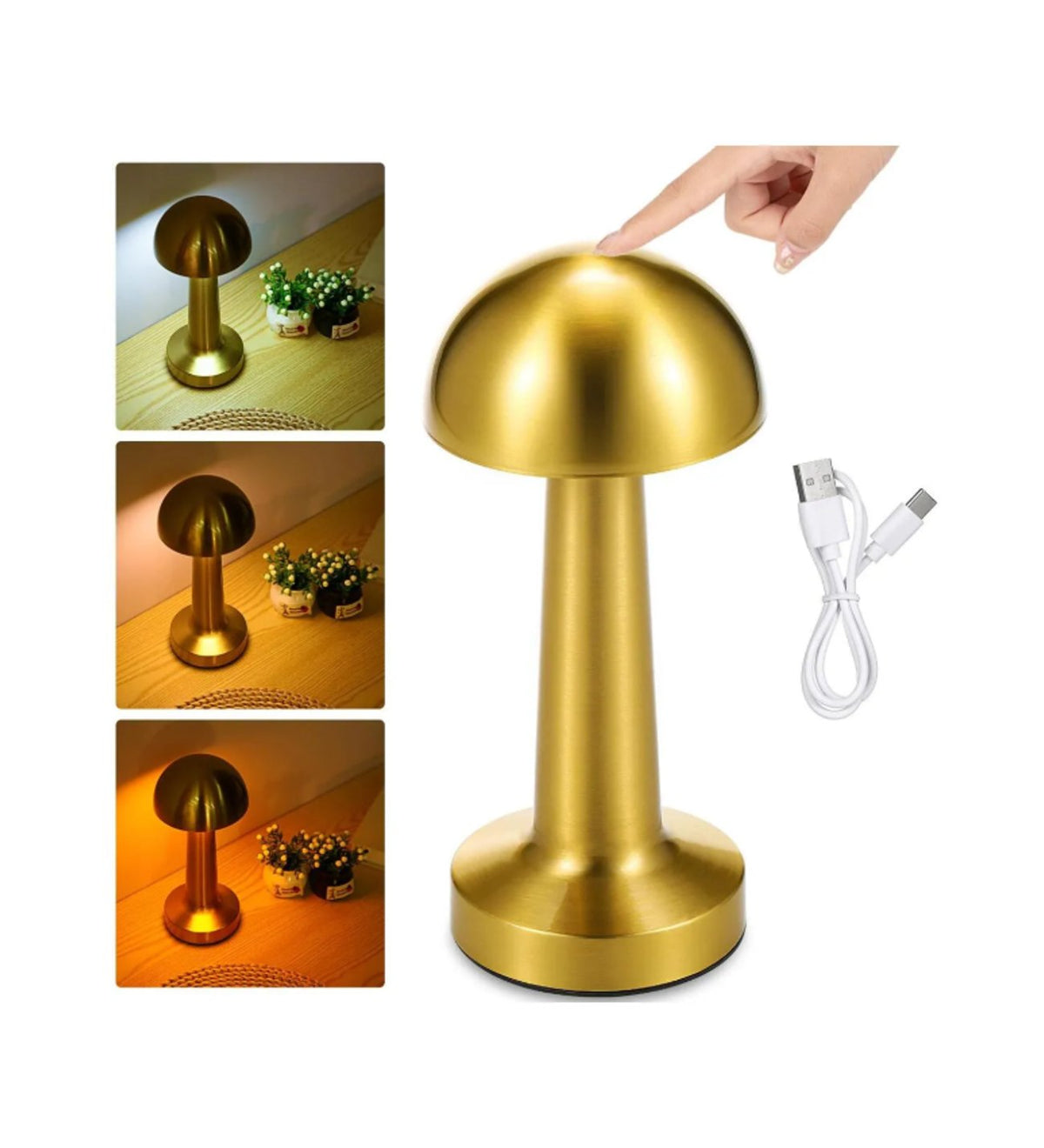 ( 5 adet ) Mantar Tasarımlı Şarjlı Kablosuz Dokunmatik LED Masa Lambası Gold - 3 Modlu Ayarlanabilir Gece Lambası Tucci