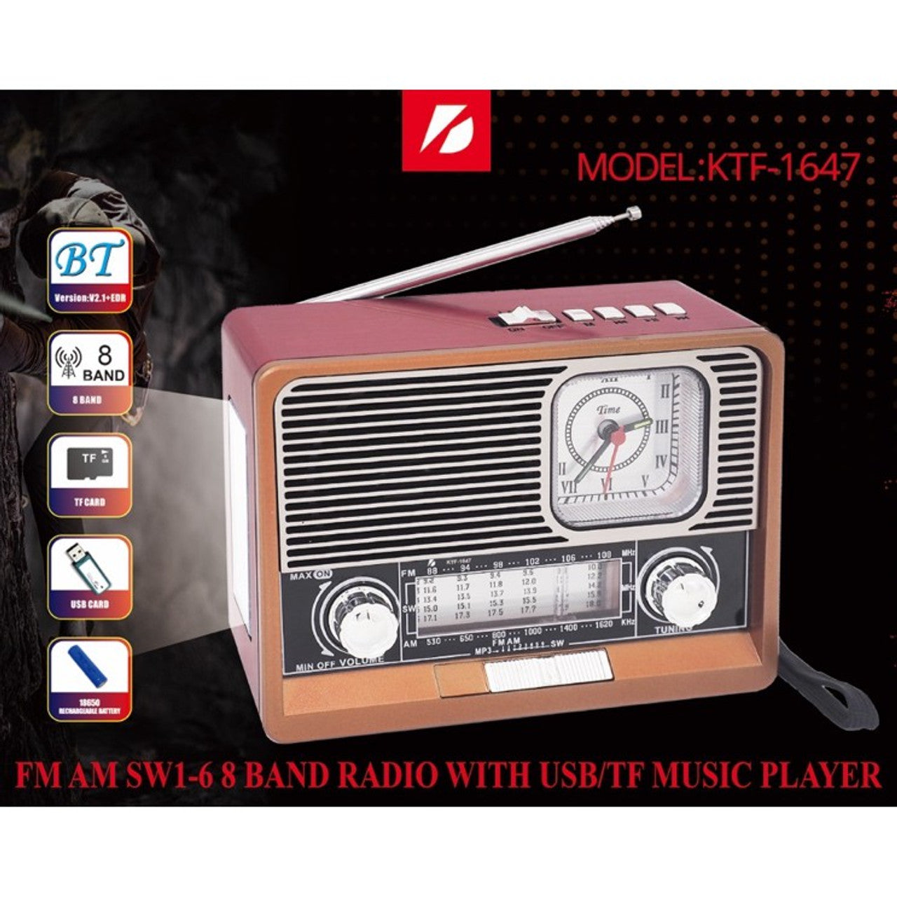 Ktf 1647 fm am radyo usb hafııza kart destekli saatli bluetooth hoperlör