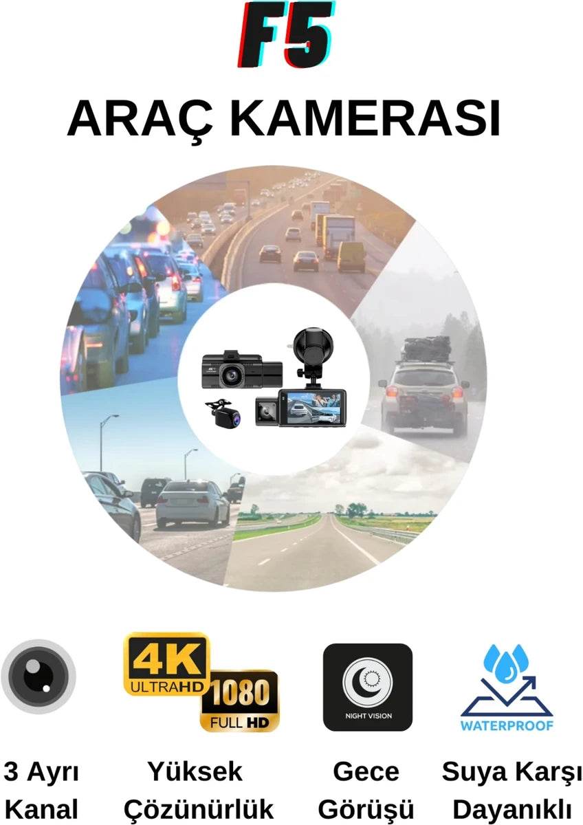 F6 4K 1080P Monitörlü Gece Görüşlü 3 Kanal WİFİ/GPS li döngü kayıtlı Araç Iç Dış Kamera - G6T - KolayMagza