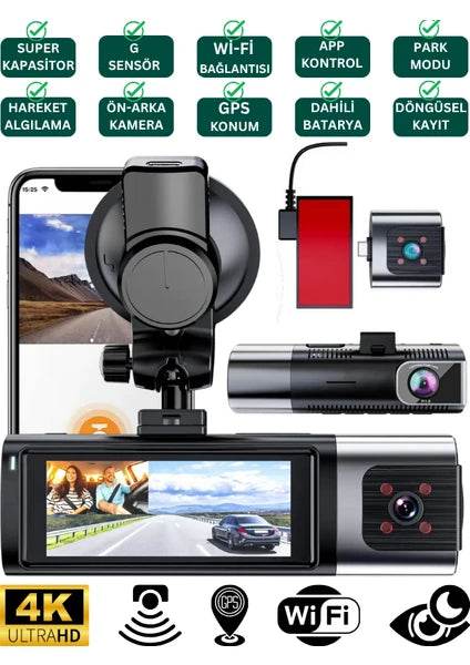 K17 ARAÇ İÇİ kamera EKRANLI 4K UHD ÖN-ARKA-İÇ KAMERA Gece Görüş, Çift Lens Dashcam Kayıt - G6R - KolayMagza