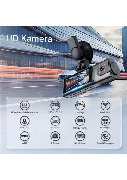 K17 ARAÇ İÇİ kamera EKRANLI 4K UHD ÖN-ARKA-İÇ KAMERA Gece Görüş, Çift Lens Dashcam Kayıt - G6R - KolayMagza KM Technology