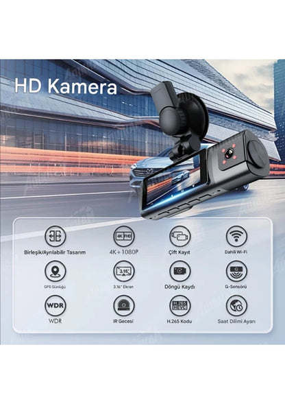 K17 ARAÇ İÇİ kamera EKRANLI 4K UHD ÖN-ARKA-İÇ KAMERA Gece Görüş, Çift Lens Dashcam Kayıt - G6R