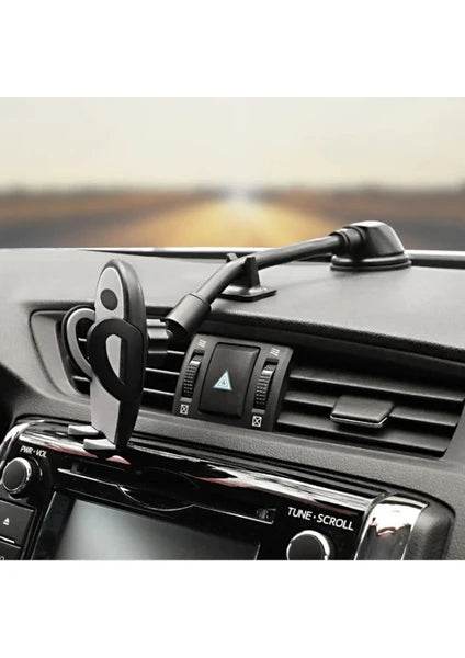 Dirsek destekli uzun yaylı kollu vantuzlu torpido ve cama takılabilir vakumlu 360 derece ayarlanabilir araç içi telefon tutucu - R2M - KolayMagza