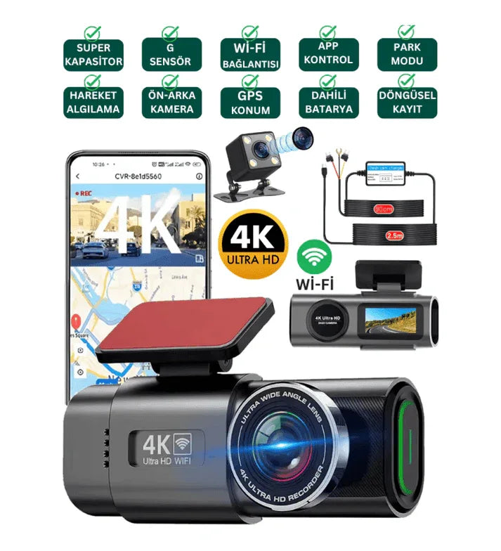 WİFİ çift ön arka 4K Araç içi Güvenlik Kamerası + Park Modu Kablosu Çift Kamera Kayıt Cihazı GPS Gece Görüşü mikrofonlu dash cam - G5V - KolayMagza KM Technology