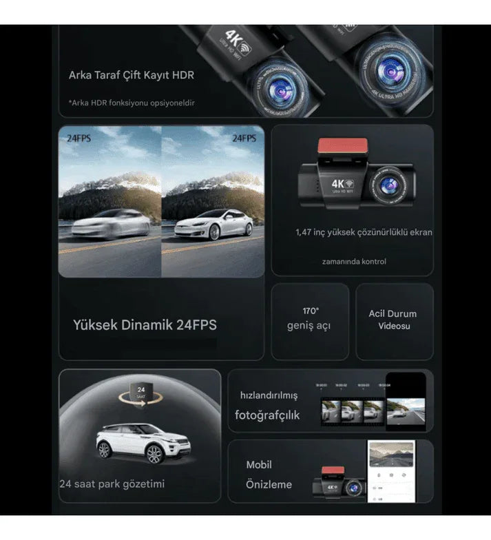 WİFİ çift ön arka 4K Araç içi Güvenlik Kamerası + Park Modu Kablosu Çift Kamera Kayıt Cihazı GPS Gece Görüşü mikrofonlu dash cam - G5V - KolayMagza KM Technology