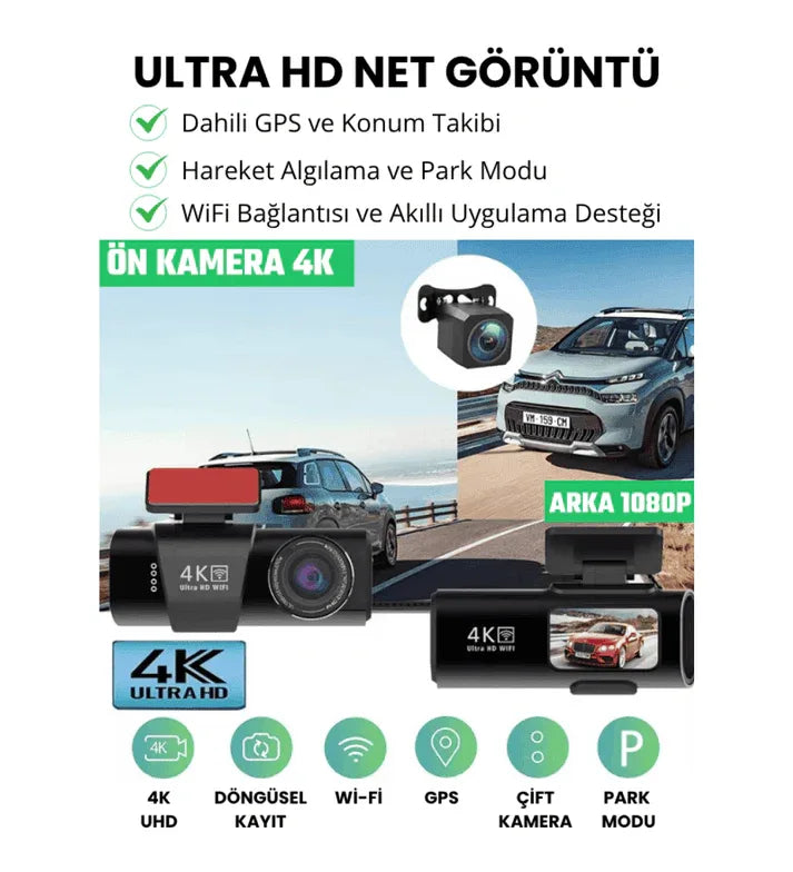 WİFİ çift ön arka 4K Araç içi Güvenlik Kamerası + Park Modu Kablosu Çift Kamera Kayıt Cihazı GPS Gece Görüşü mikrofonlu dash cam - G5V - KolayMagza KM Technology