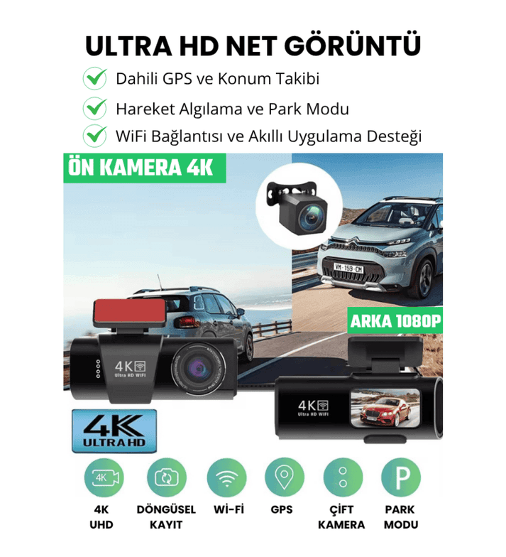 WİFİ çift ön arka 4K Araç içi Güvenlik Kamerası + Park Modu Kablosu Çift Kamera Kayıt Cihazı GPS Gece Görüşü mikrofonlu dash cam - G5V - KolayMagza