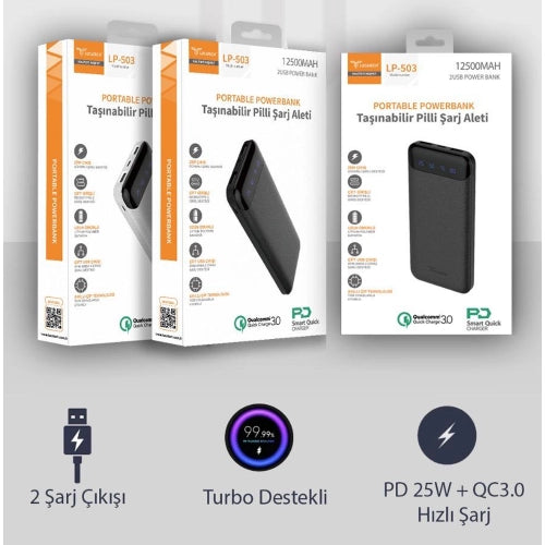 12500 mAh hızlı şarj destekli çift USB ve typeC mikro girişli taşınabilir led göstergeli powerbank lp-503