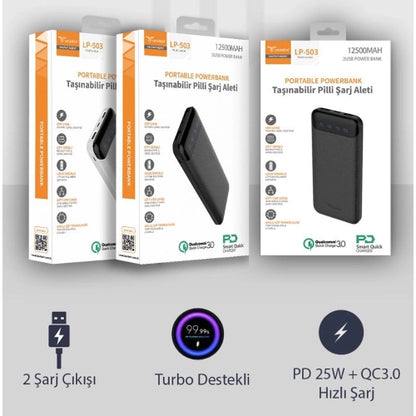 12500 mAh hızlı şarj destekli çift USB ve typeC mikro girişli taşınabilir led göstergeli powerbank lp-503