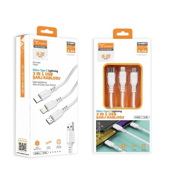 3ü1 arada usb typec micro lightning şarj ve veri aktarım kablosu 1,2 m - S1X - KolayMagza