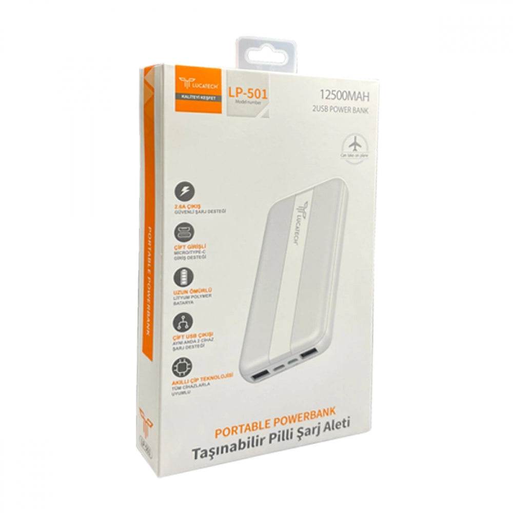12500 mah çift usb ve typec mikro girişli taşınabilir led seviye ışıklı powerbank lp-501 - P1D - KolayMagza