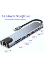 ( 3 adet ) 8 in 1 Type-C Multi-Functional Hub Adaptör (RJ45 + 4K HDMI + SD/TF + USB 3.0 + Type-C PD) KolayMagza KM Technology - Toptan Telefon Aksesuarları
