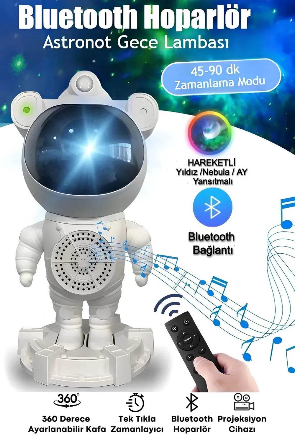 Astronot bluetooth hoparlör | gökyüzü ışık yansıtmalı, kumandalı, 360° döner gece lambası - H2P - KolayMagza
