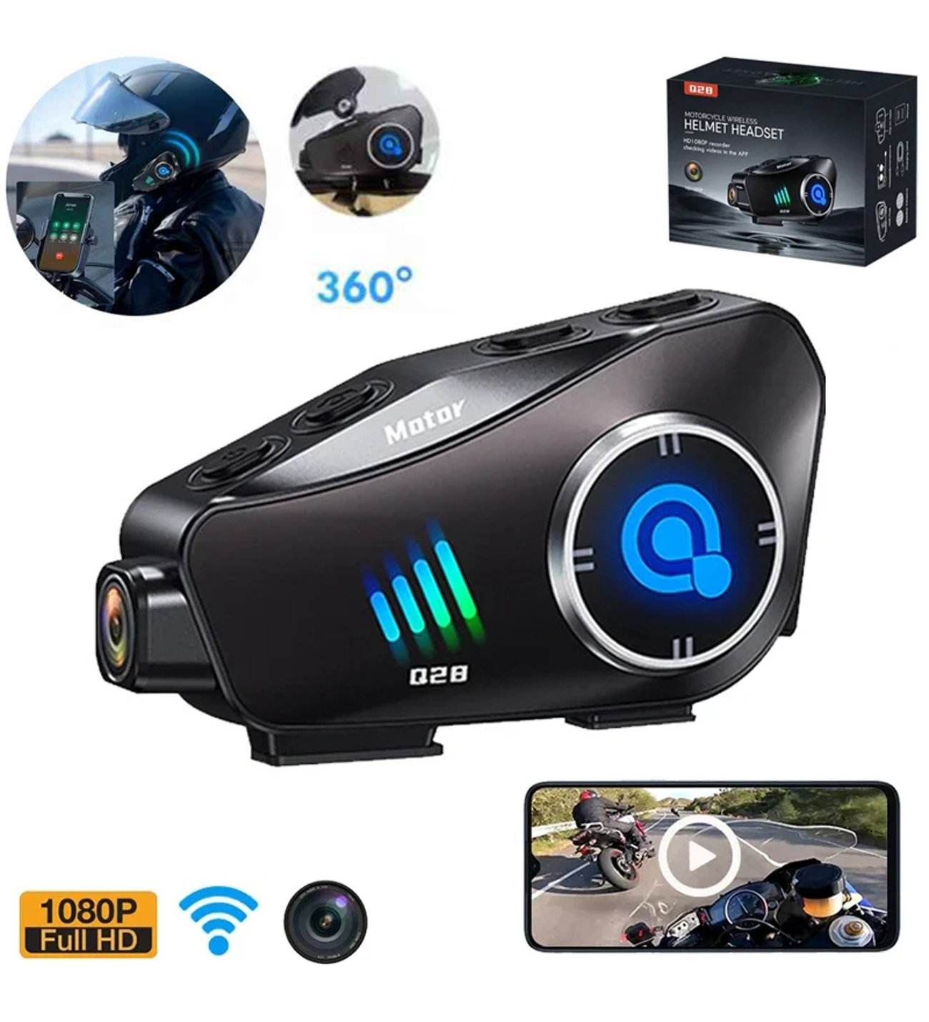 Q28 1080P kameralı Intercom +32GB SD Kartlı Bluetooth Motorsiklet Kask Kulaklığı İnterkom su geçirmez - G6O - KolayMagza