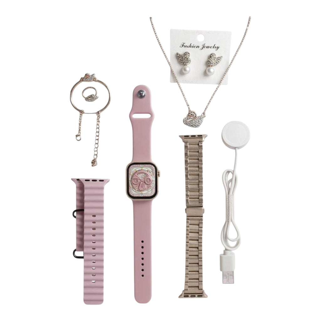 Kadın Rose Gold Akıllı Saat Seti - G9 Mini Akıllı Saat + 3 Farklı Değiştirilebilir Kordon + Kuğu Figürlü Takı Seti Hediyeli