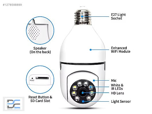 Wifi panorama camera mikrofonlu 360 derece döner led ışıklı gece görüşlü full hd ampul kamera APPEX