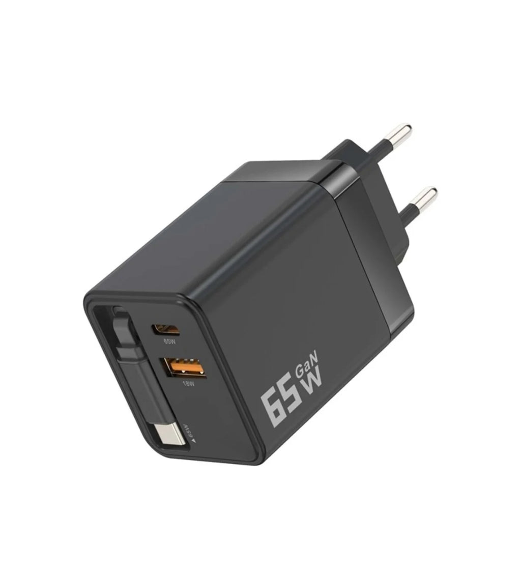 65W Uzayabilir Kablolu Super Fast Charger Çift Girişli Hızlı Şarj Cihazı - Güvenli ve Anti-Statik Koruma Adaptörü