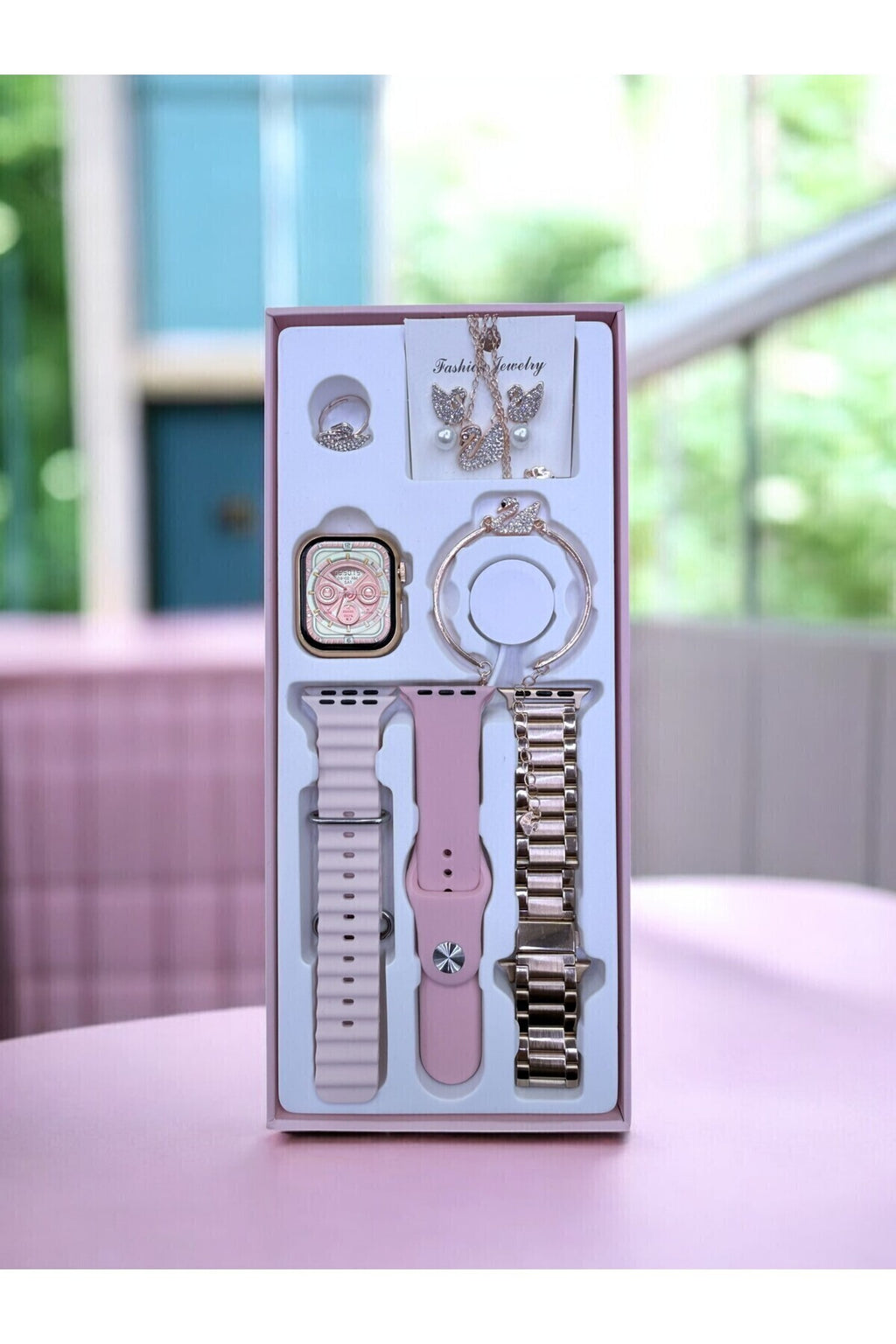 Kadın Rose Gold Akıllı Saat Seti - G9 Mini Akıllı Saat + 3 Farklı Değiştirilebilir Kordon + Kuğu Figürlü Takı Seti Hediyeli