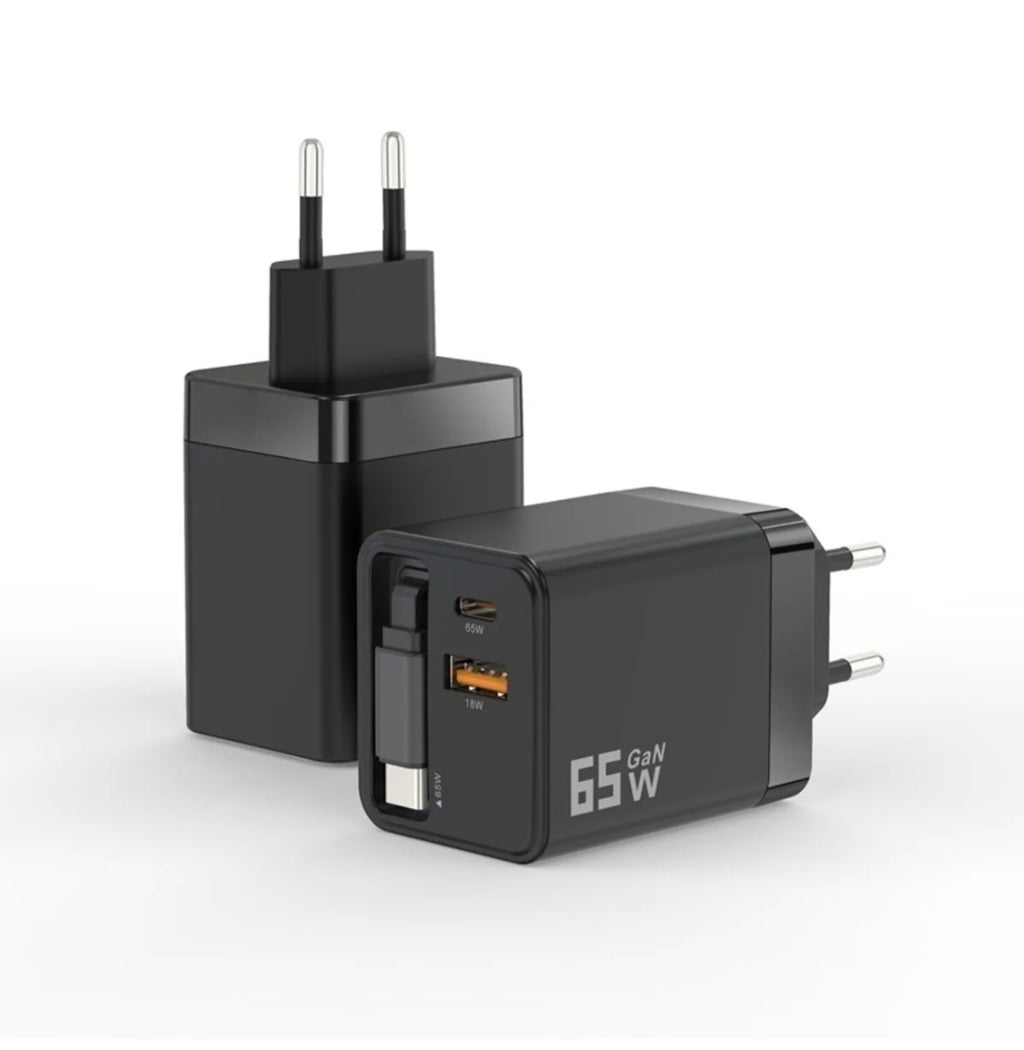 65W Uzayabilir Kablolu Super Fast Charger Çift Girişli Hızlı Şarj Cihazı - Güvenli ve Anti-Statik Koruma Adaptörü