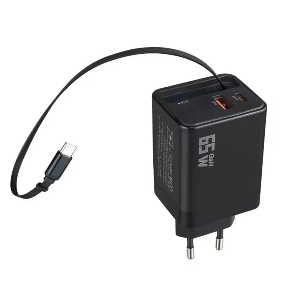 65W Uzayabilir Kablolu Super Fast Charger Çift Girişli Hızlı Şarj Cihazı - Güvenli ve Anti-Statik Koruma Adaptörü