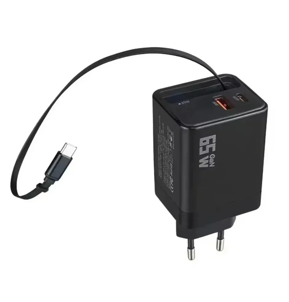 65W Uzayabilir Kablolu Super Fast Charger Çift Girişli Hızlı Şarj Cihazı - Güvenli ve Anti-Statik Koruma Adaptörü